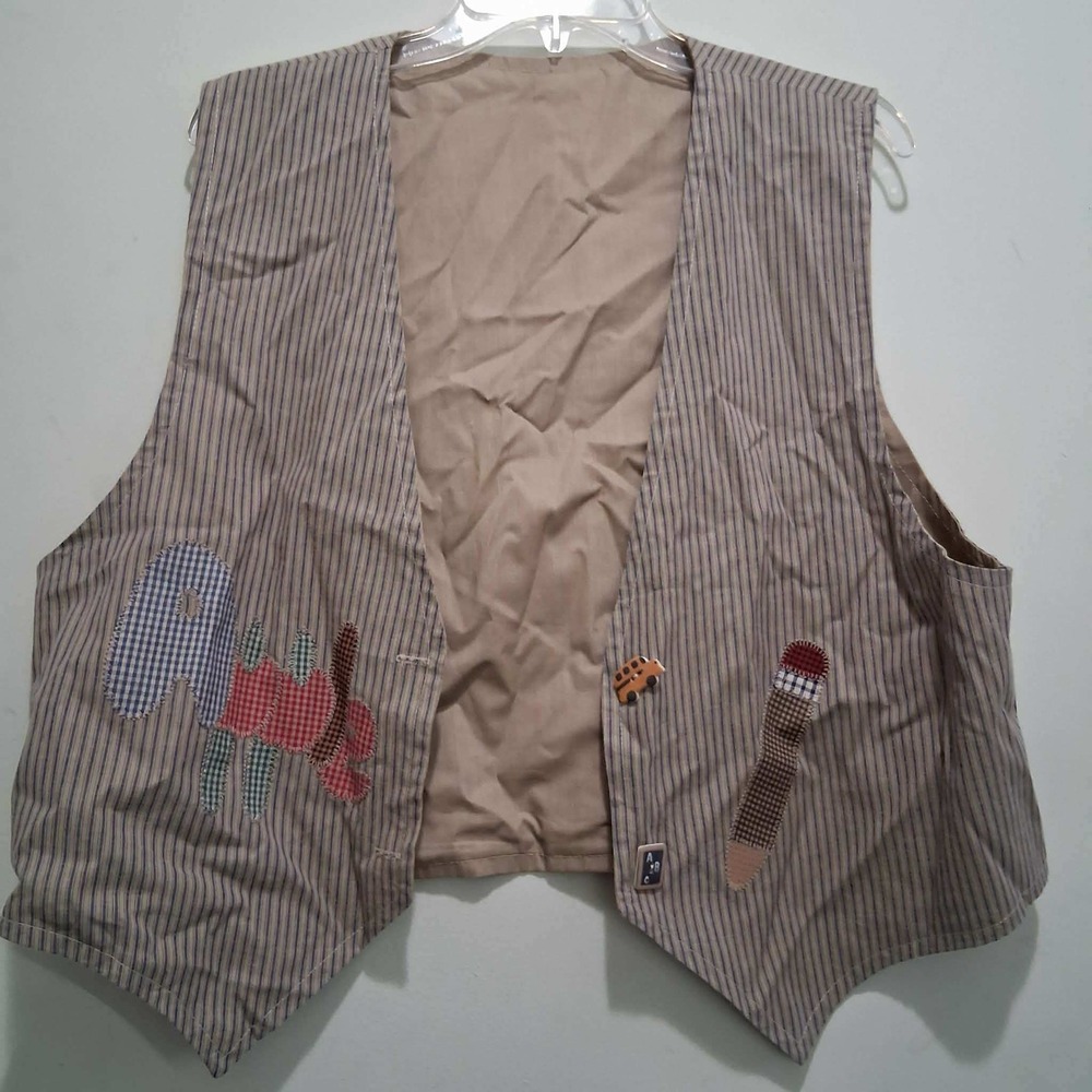 Vintage School Teacher Ticking Stripe Vest Patchwork Apple Pencil Bus Tan Blue